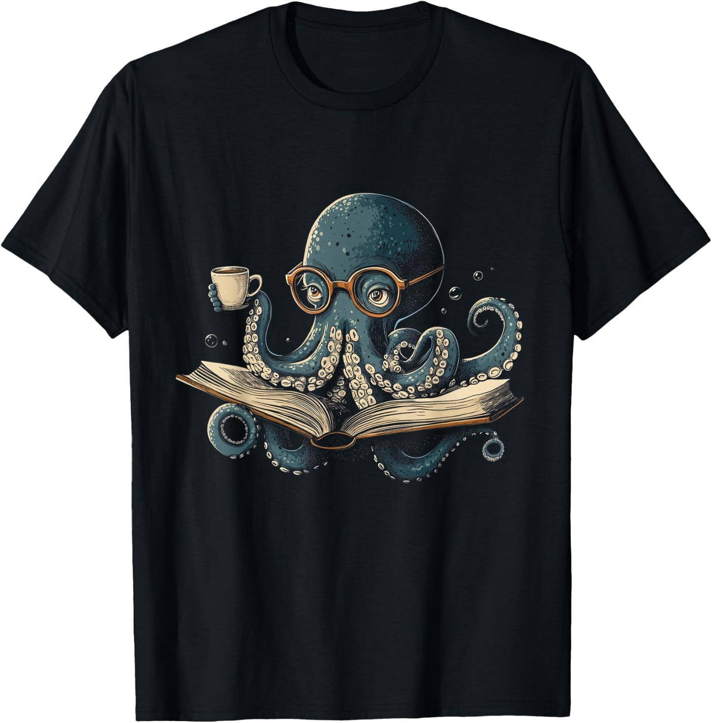 Octopus Reading Book Coffee Funny Book Lover Bookworm Nerd T-Shirt - T-Shirt | Black