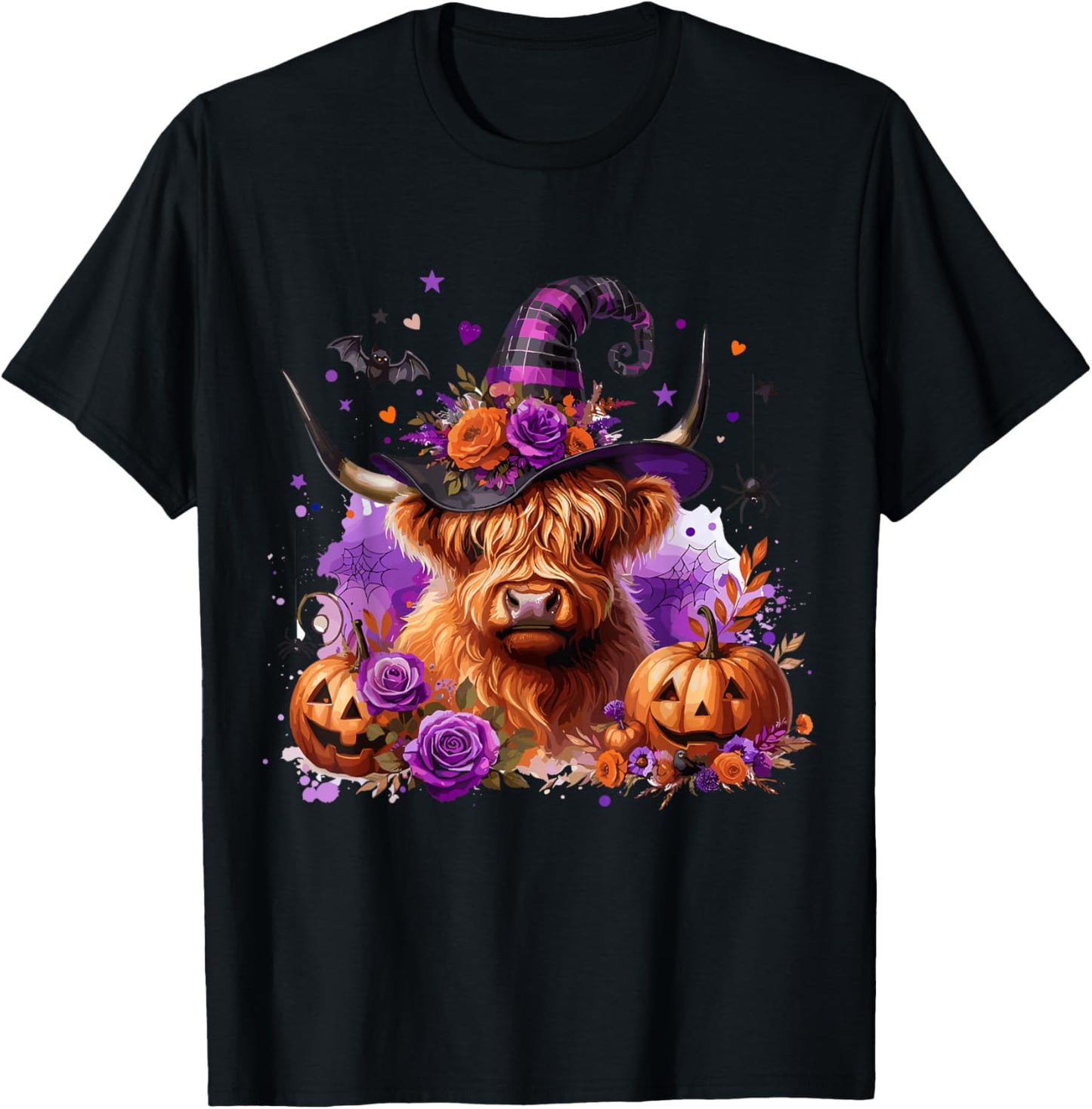 Halloween Highland Cow Pumpkin Witchy Bat T-Shirt - T-Shirt | Black