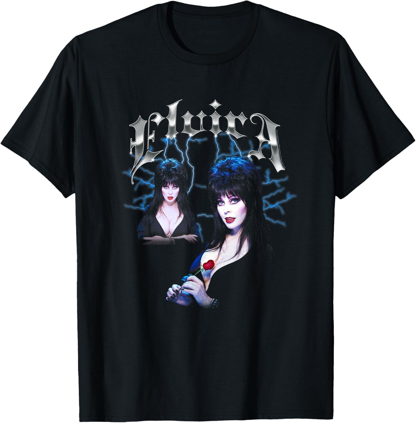 Elvira, Mistress of The Dark Chrome Name and Poses Pin-Up T-Shirt - T-Shirt | Black