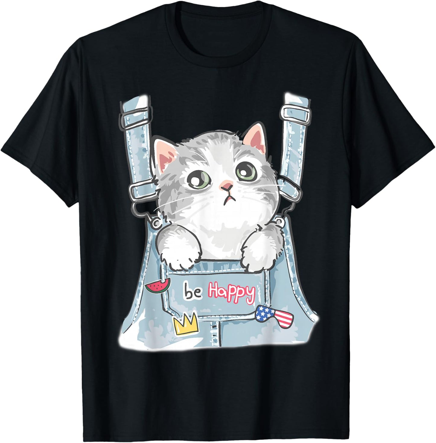 Cute Cat Fake Overalls Cat Lovers Kids Toddler Girl Teen T-Shirt - T-Shirt | Black