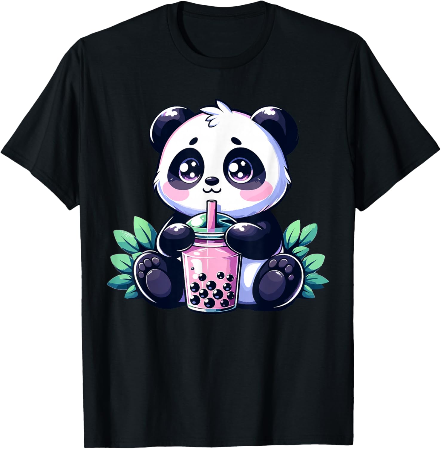 Kawaii Cute Anime Panda Drinking Bubble Tea Boba Tea Panda T-Shirt - T-Shirt | Black