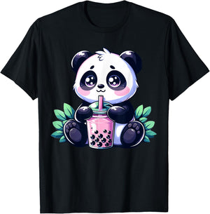 Kawaii Cute Anime Panda Drinking Bubble Tea Boba Tea Panda T-Shirt - T-Shirt | Black