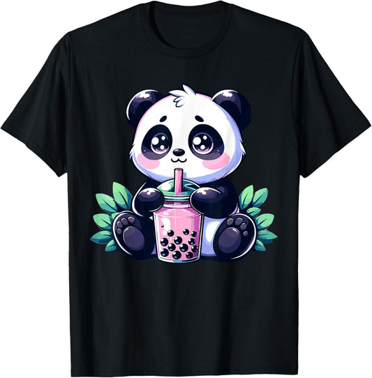 Kawaii Cute Anime Panda Drinking Bubble Tea Boba Tea Panda T-Shirt - T-Shirt | Black