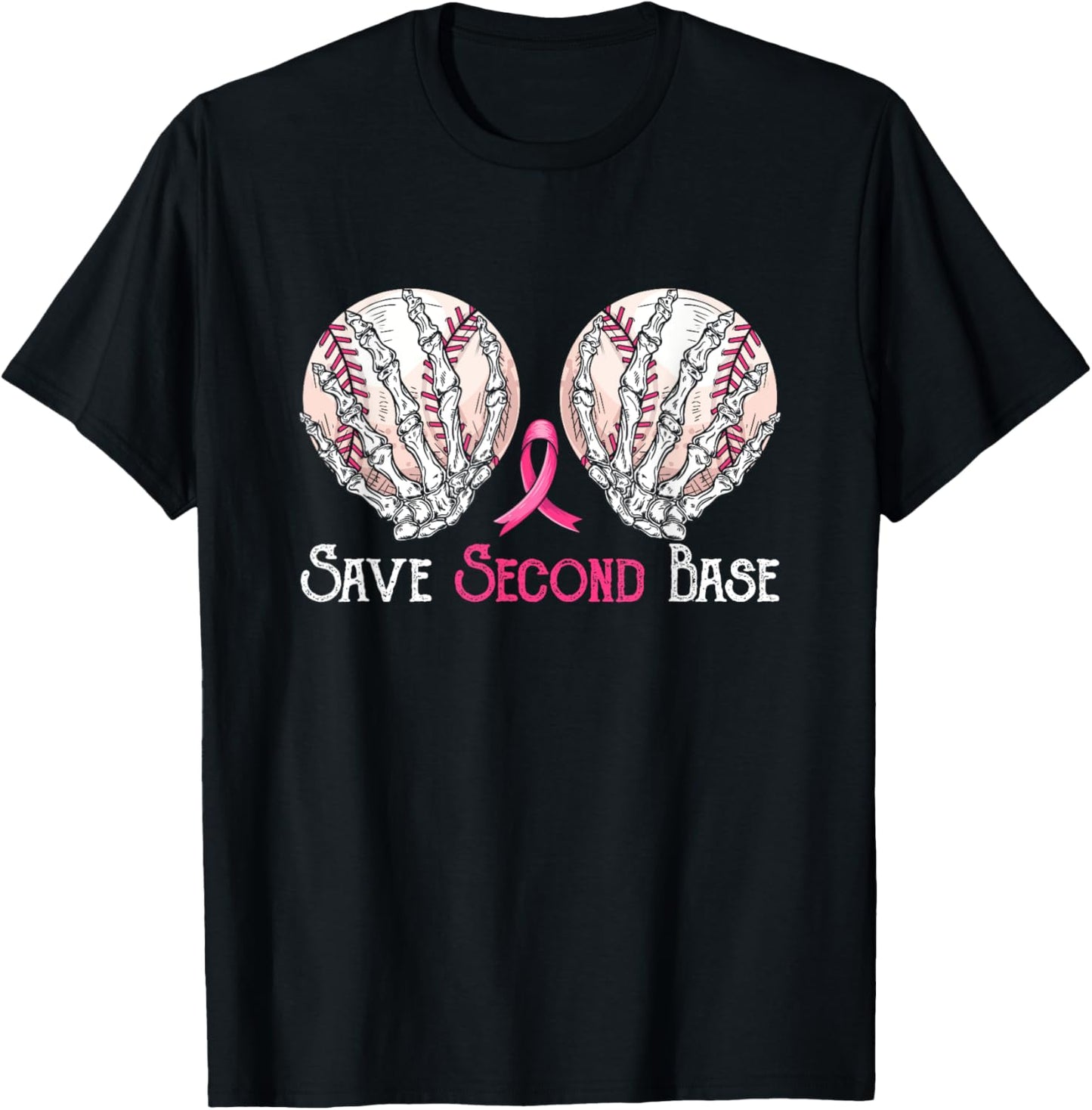 Save 2nd Second-Base Baseball Player Breast Cancer Awareness T-Shirt - T-Shirt | Black
