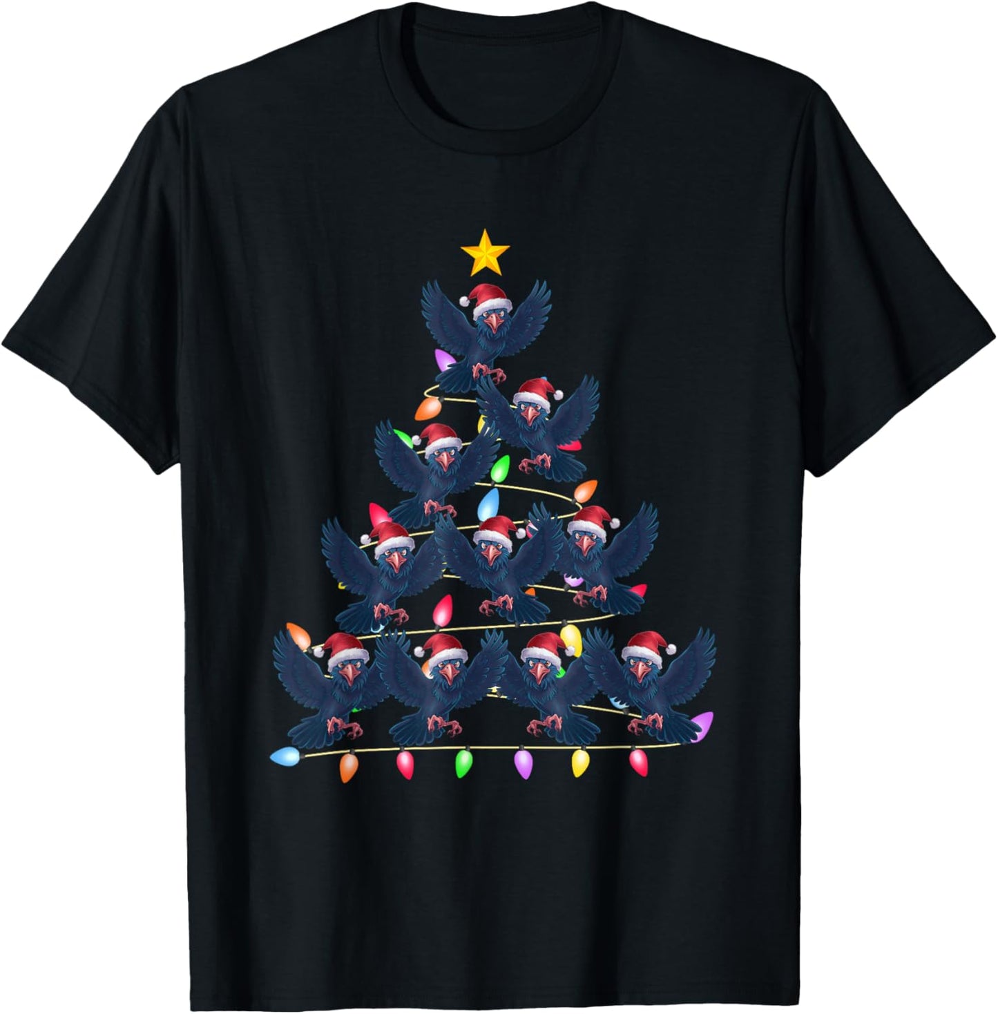 Christmas Tree Lights Men Women Santa Raven Xmas PJs T-Shirt - T-Shirt | Black