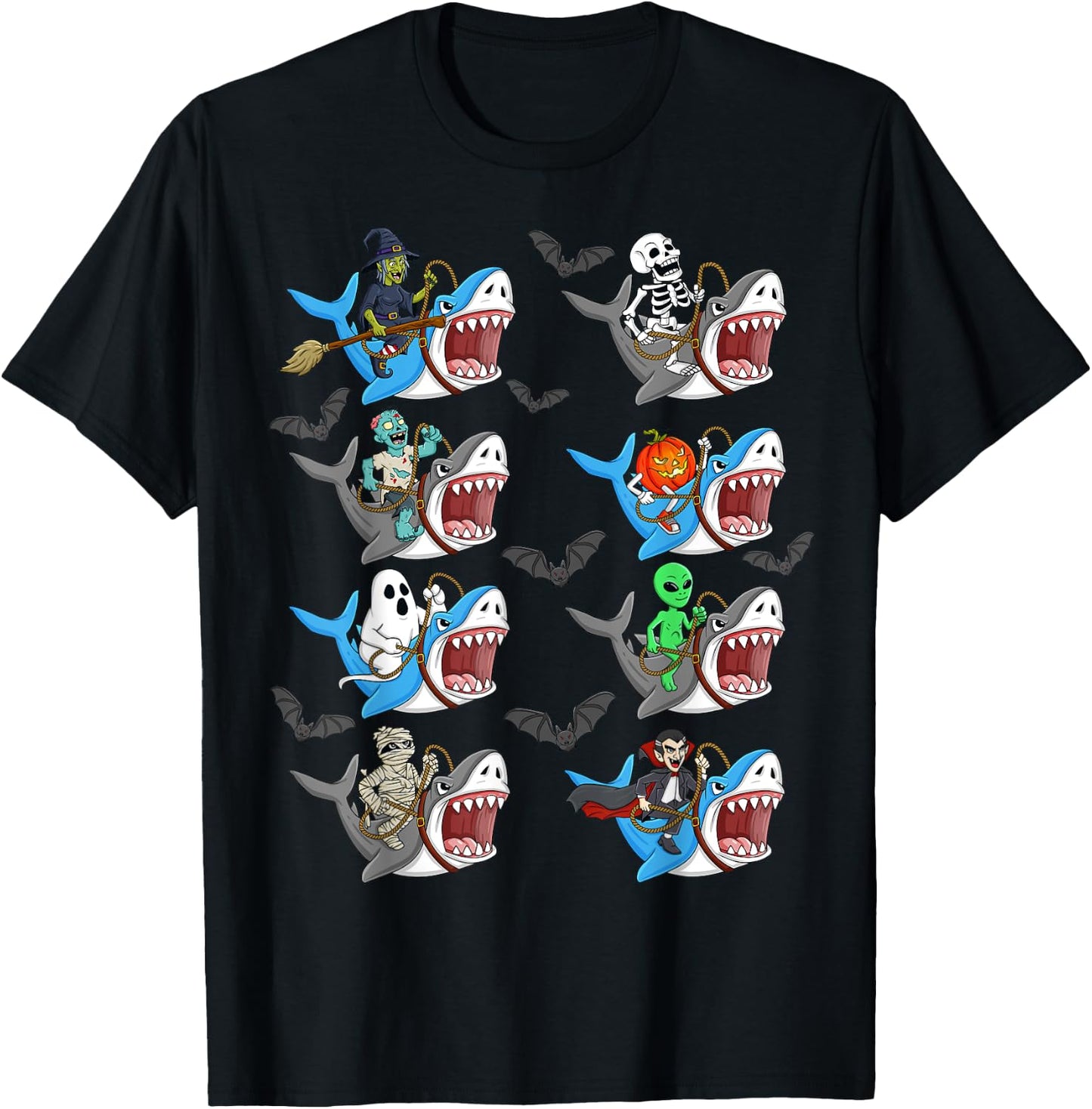 Halloween Skeleton Zombie Riding Shark Mummy Vampire Boys T-Shirt - T-Shirt | Black