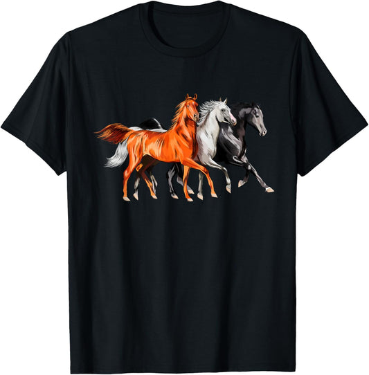 Cool 3 Wild Horses Running Around Vintage Novelty T-Shirt - T-Shirt | Black