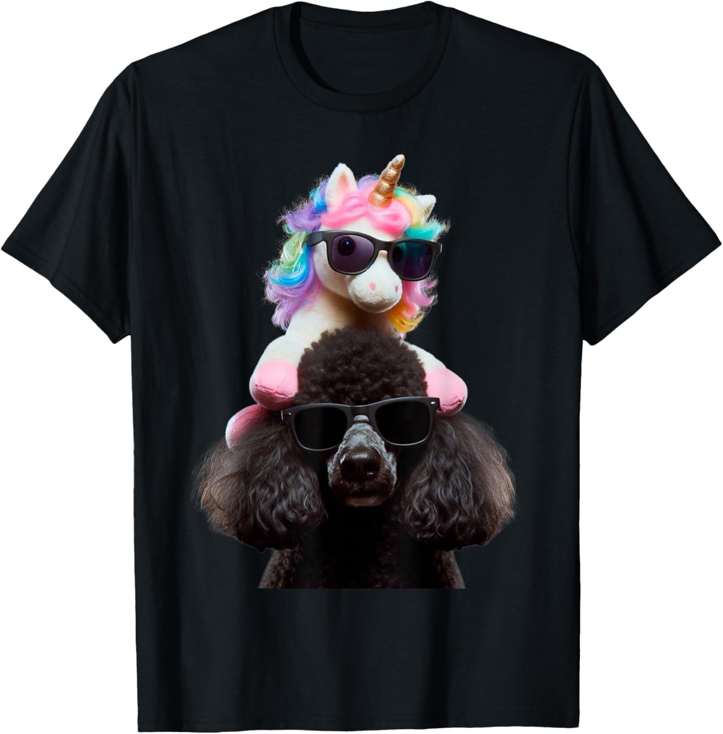 Unicorn Riding Poodle Boys Girls Women Kids Teens Rainbow T-Shirt - T-Shirt | Black