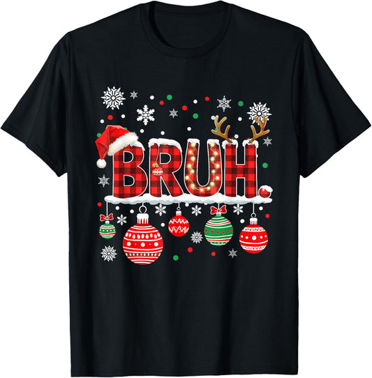 Bruh Funny Christmas Plaid Teens Boys Kids Xmas Pajamas T-Shirt - T-Shirt | Black
