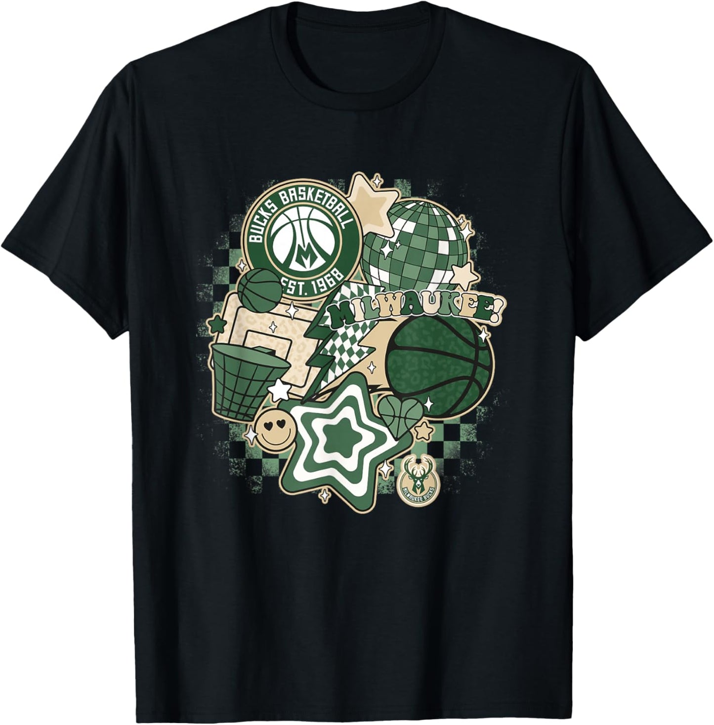 NBA Milwaukee Bucks Psychedelic Basketball Collage T-Shirt - T-Shirt | Black