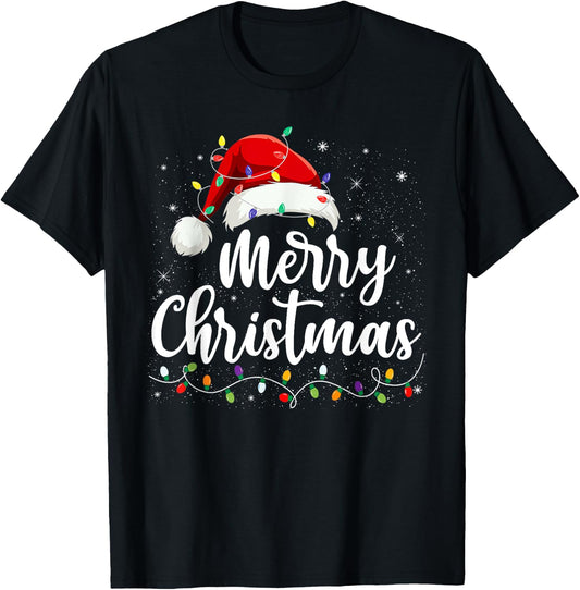 Merry Christmas Lights Red Santa Hat Xmas Family Men Women T-Shirt - T-Shirt | Black