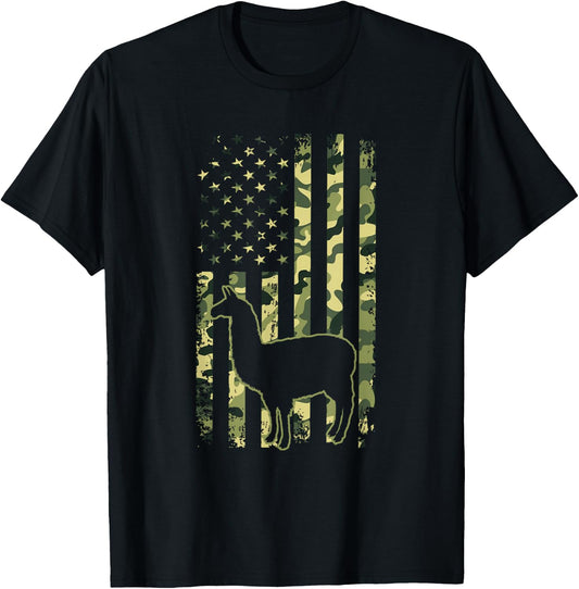 Camo American Flag Llama Camouflage 4th of July Animal Lover T-Shirt - T-Shirt | Black