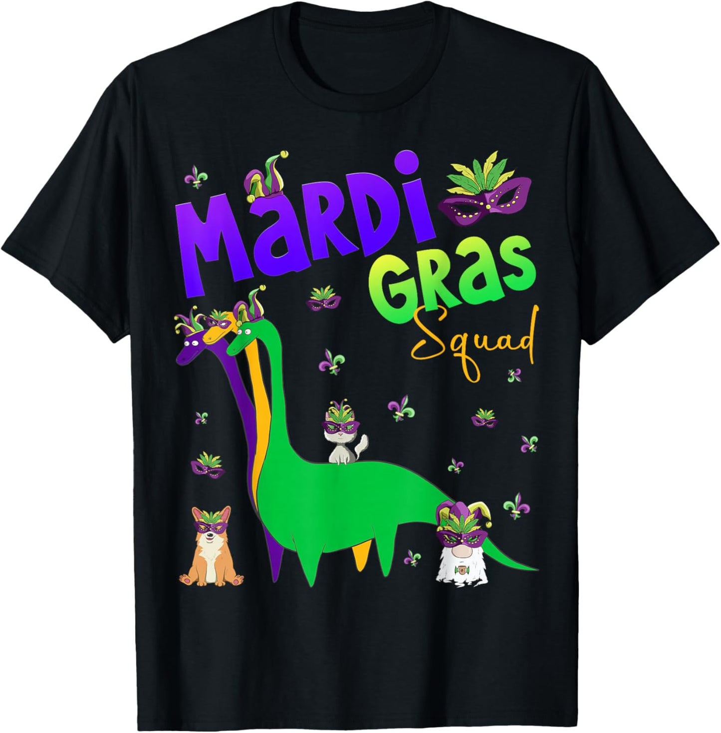 Mardi Gras Squad Funny Dinosaur Cat Gnome Corgi Mardi Gras T-Shirt - T-Shirt | Black