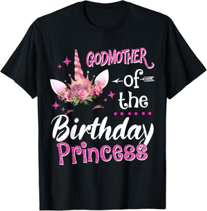 Godmother Of The Birthday Princess Unicorn Flower Mommy T-Shirt - T-Shirt | Black