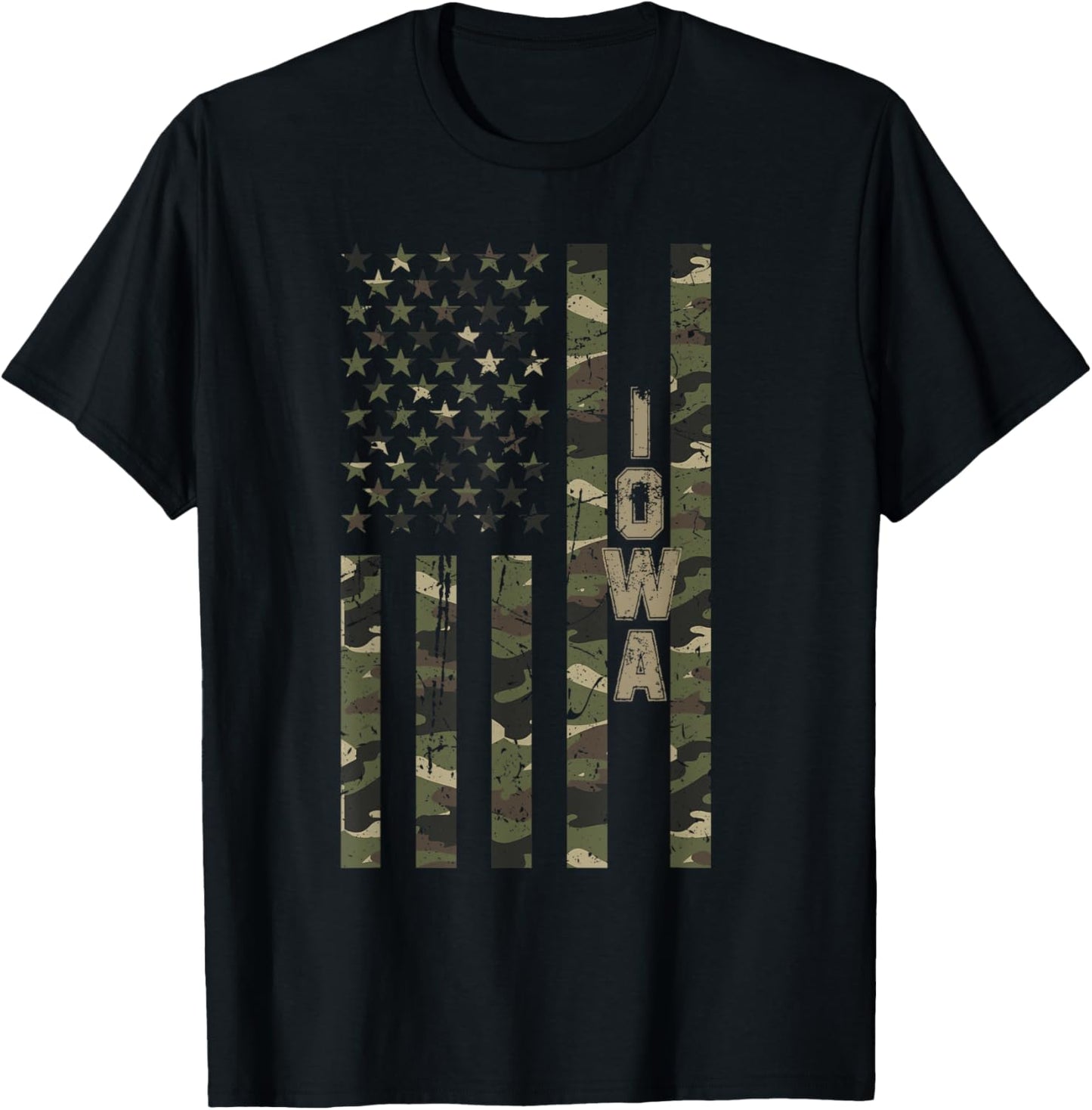 Iowa United States Distressed Camo w US Flag T-Shirt - T-Shirt | Black
