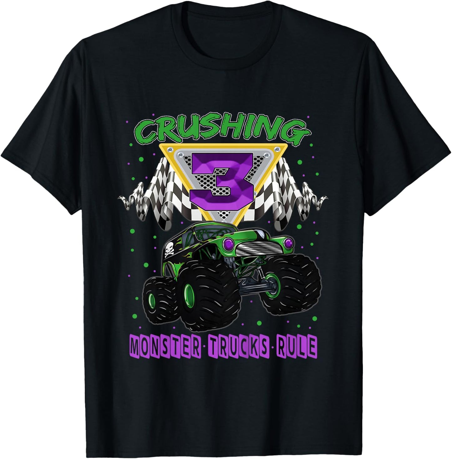 Monster Truck Crushing 3 Years Old Three 3rd Birthday T-Shirt - T-Shirt | Black