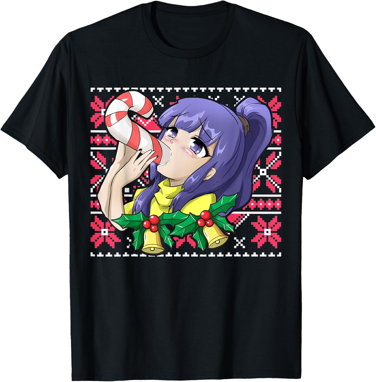 Ugly Christmas Otaku Ahegao Christmas Ecchi Etchi Hentai T-Shirt - T-Shirt | Black