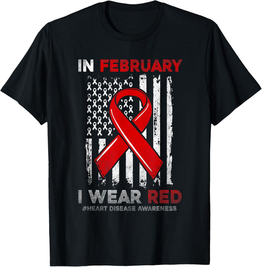 In February I Wear Red USA Flag Heart Disease Awareness CHD T-Shirt - T-Shirt | Black