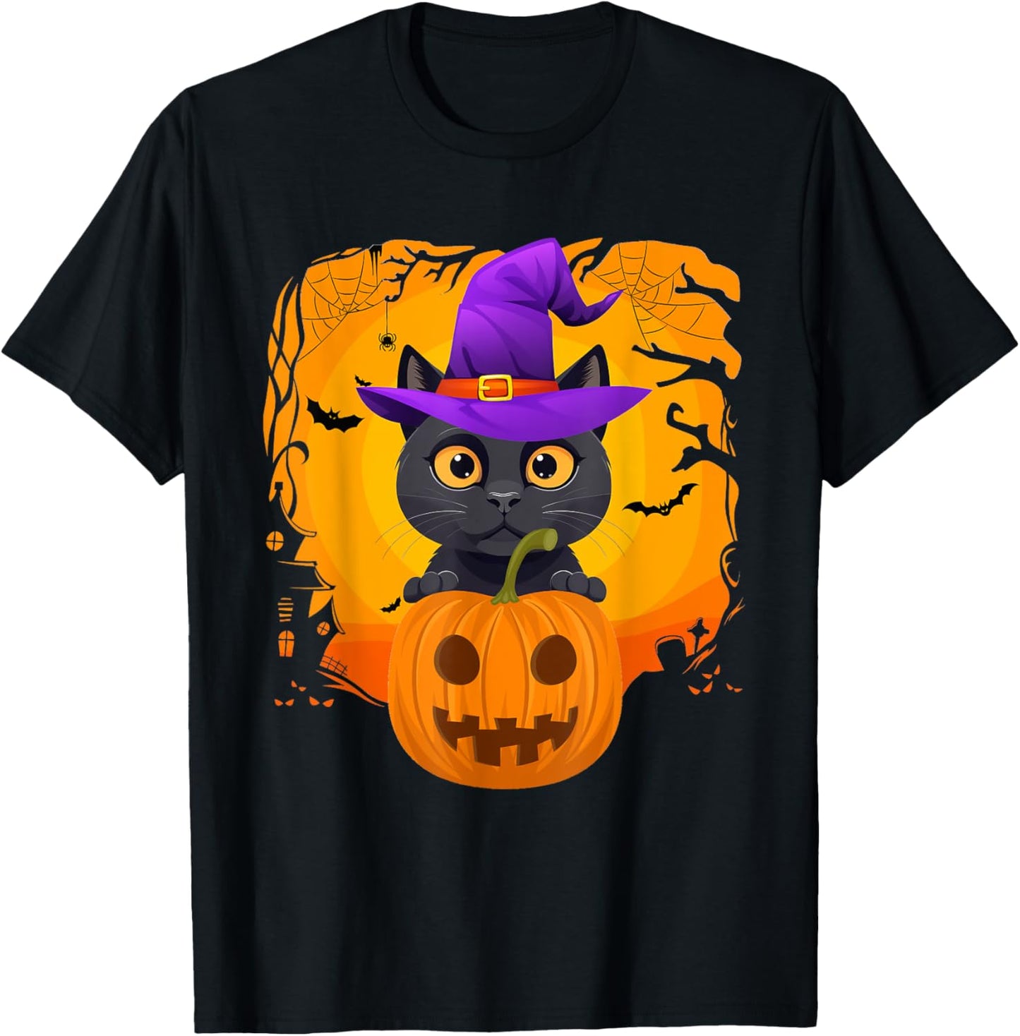 Cute Black Cat Halloween Pumpkin Costume witch Hat Kids T-Shirt - T-Shirt | Black
