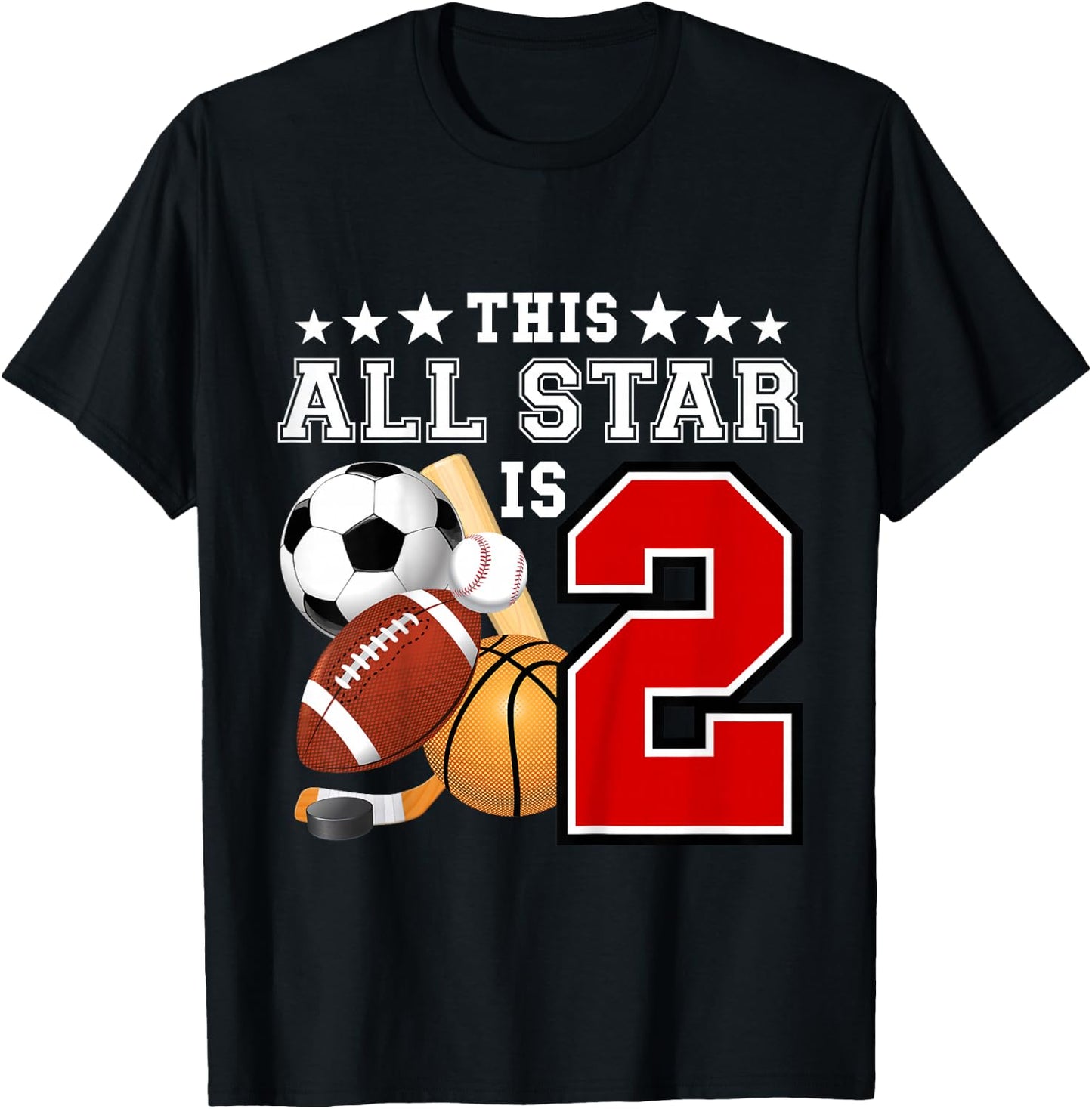 2 Year Old Sports Star Birthday Party All Sport 2nd Gift T-Shirt - T-Shirt | Black