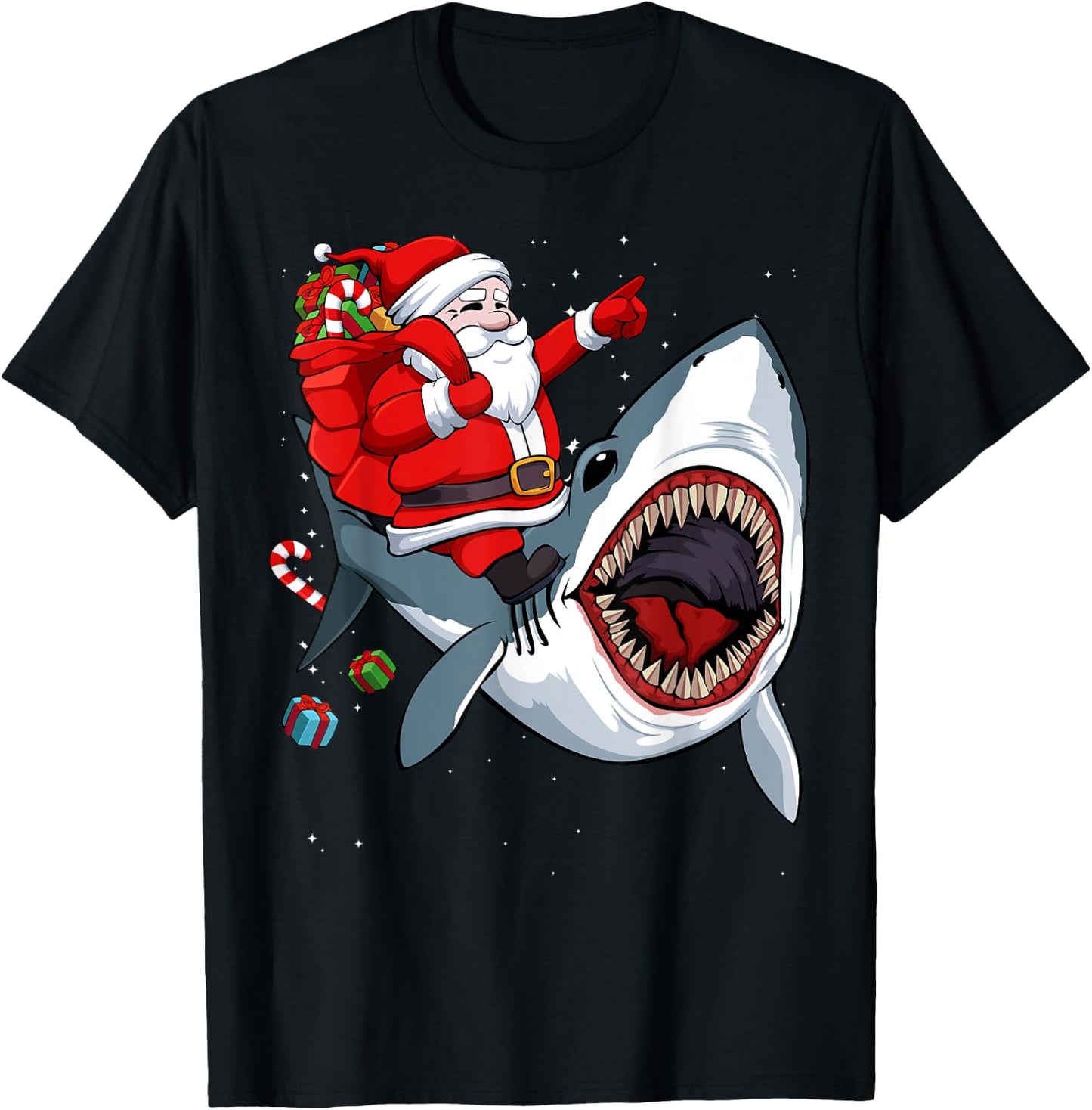 Santa Riding Shark Christmas Pajama Cute Ocean Animal X-Mas T-Shirt - T-Shirt | Black