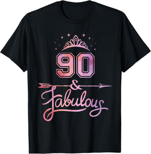Women 90 Years Old And Fabulous Happy 90th Birthday T-Shirt - T-Shirt | Black