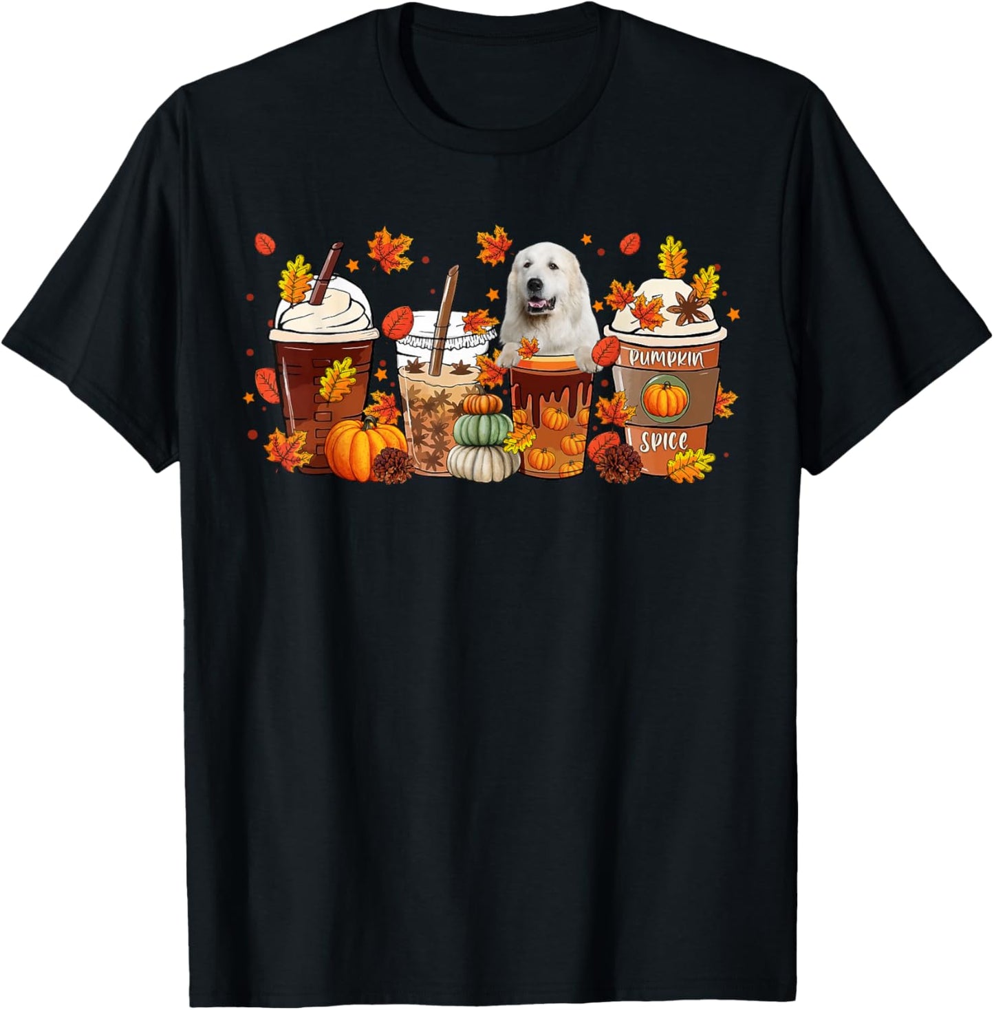 Cups Of Iced Latte & Great Pyrenees Fall Leaves Thanksgiving T-Shirt - T-Shirt | Black