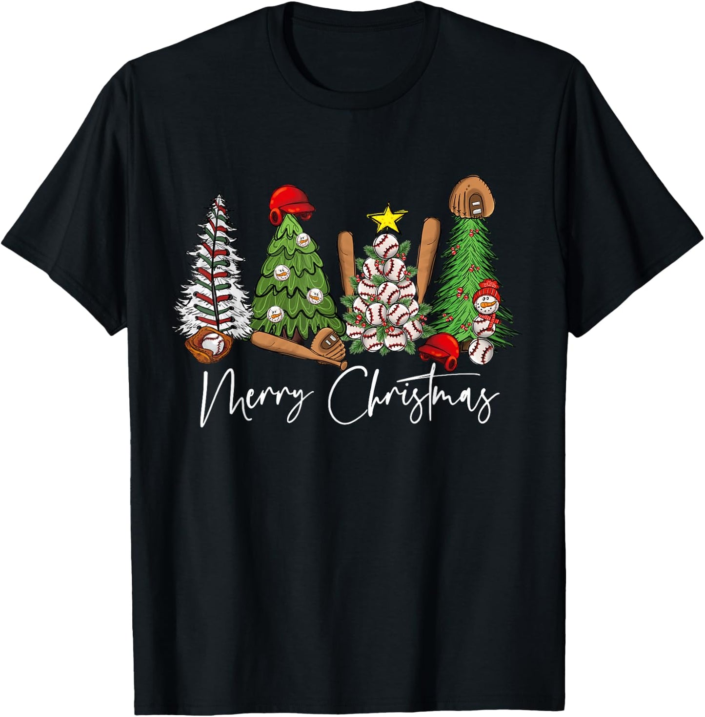 Merry Christmas Trees Baseball Xmas T-Shirt - T-Shirt | Black