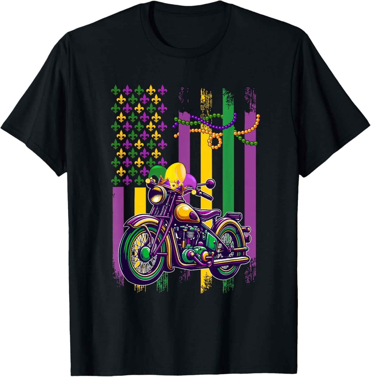American Flag Mardi Gras Motorcycle Wearing Jester Hat Beads T-Shirt - T-Shirt | Black