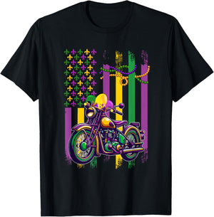 American Flag Mardi Gras Motorcycle Wearing Jester Hat Beads T-Shirt - T-Shirt | Black