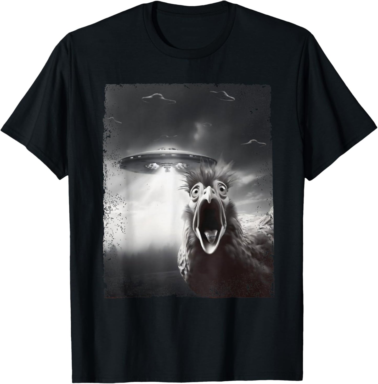 Funny Alien UFO Chicken Selfie with UFOs Weird T-Shirt - T-Shirt | Black