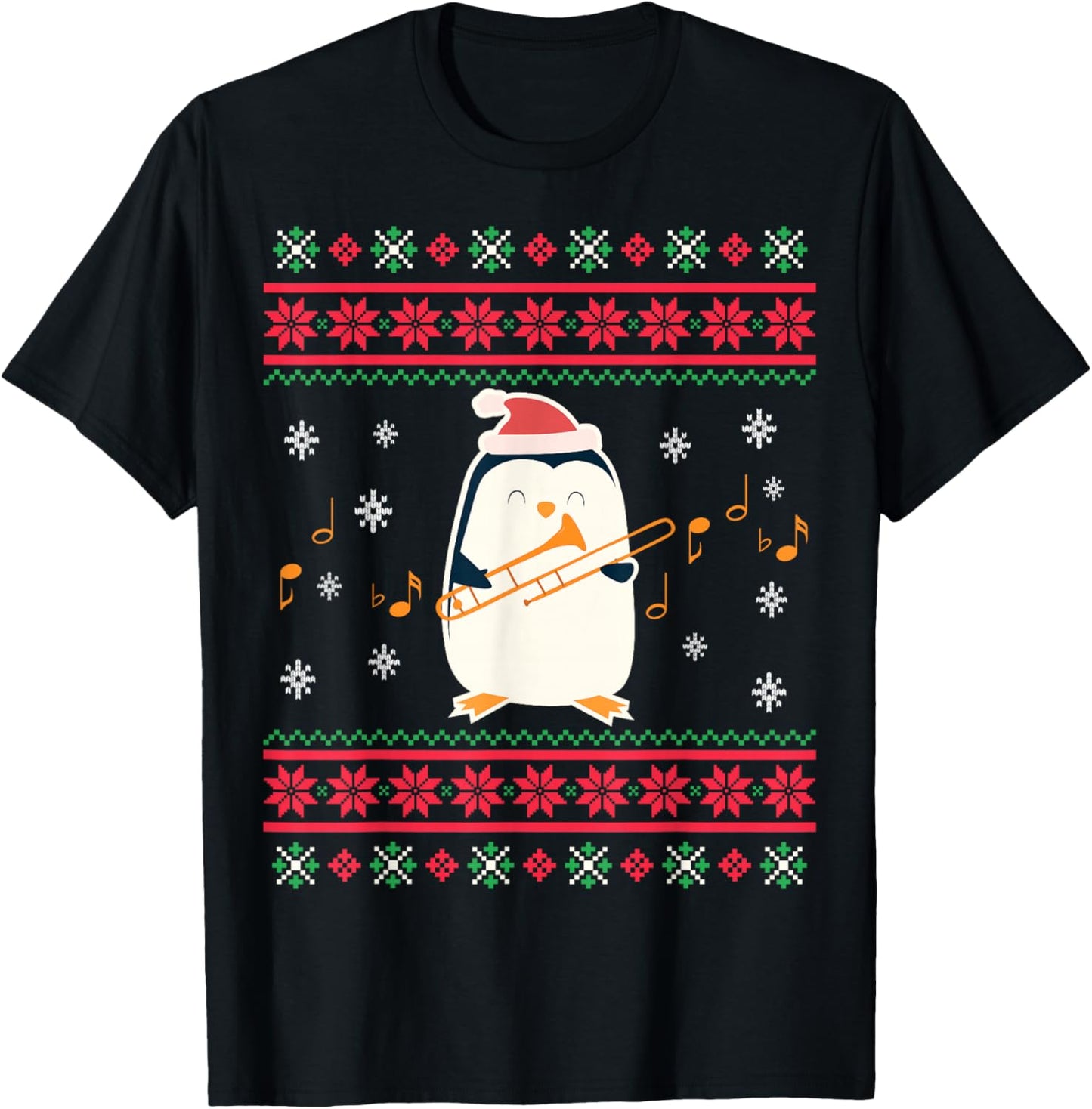 Santa Hat Penguin Playing Trombone Ugly Christmas Trombonist T-Shirt - T-Shirt | Black