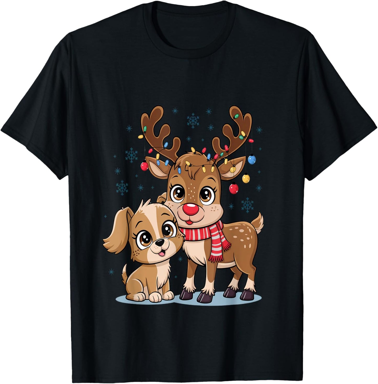 Adorable Puppy & Baby Reindeer Cute Christmas T-Shirt - T-Shirt | Black