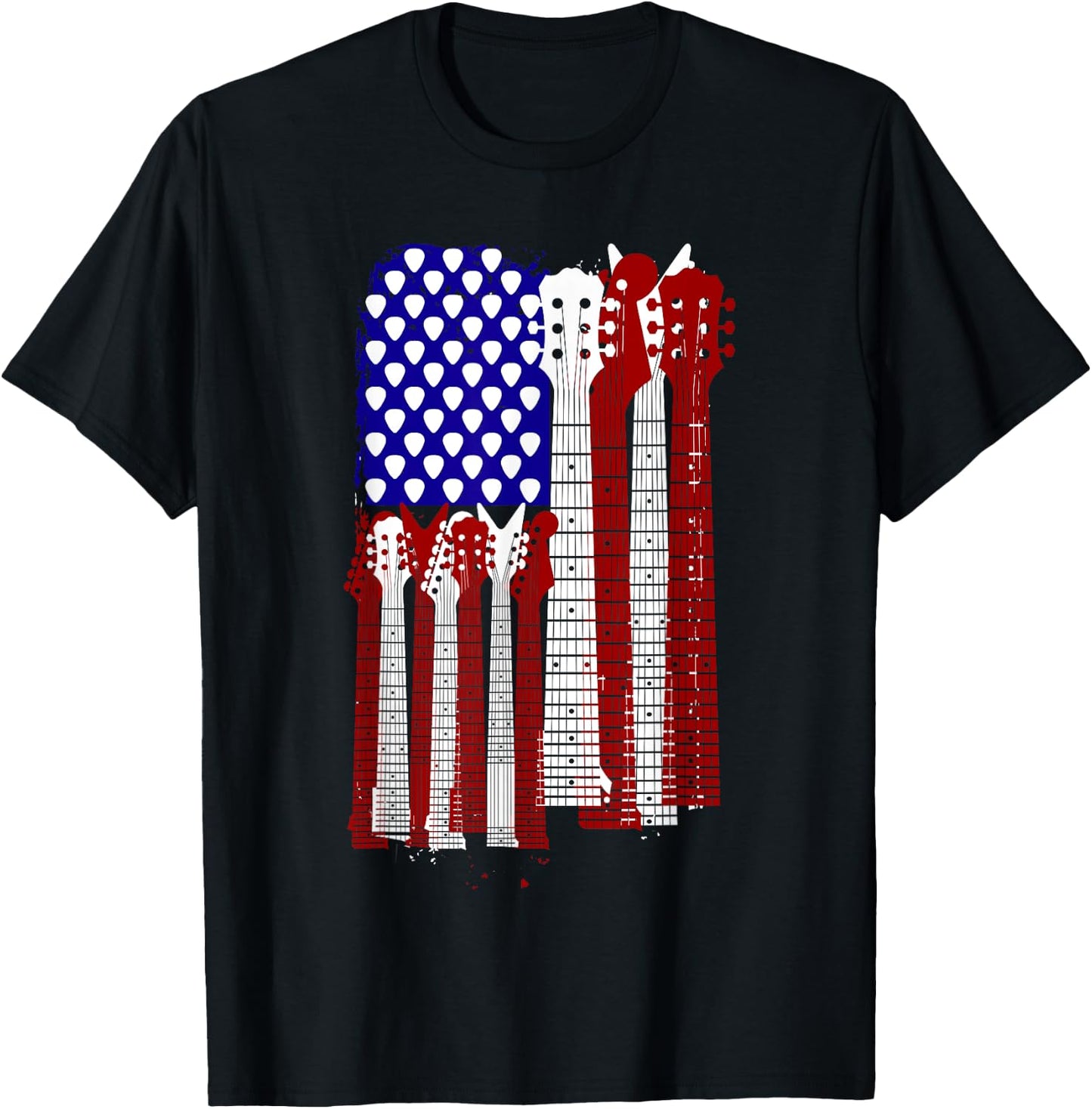 USA Flag Guitar and Plectrum Rock Concert Design | -Adults, Kids | Black, Small T-Shirt - T-Shirt | Black