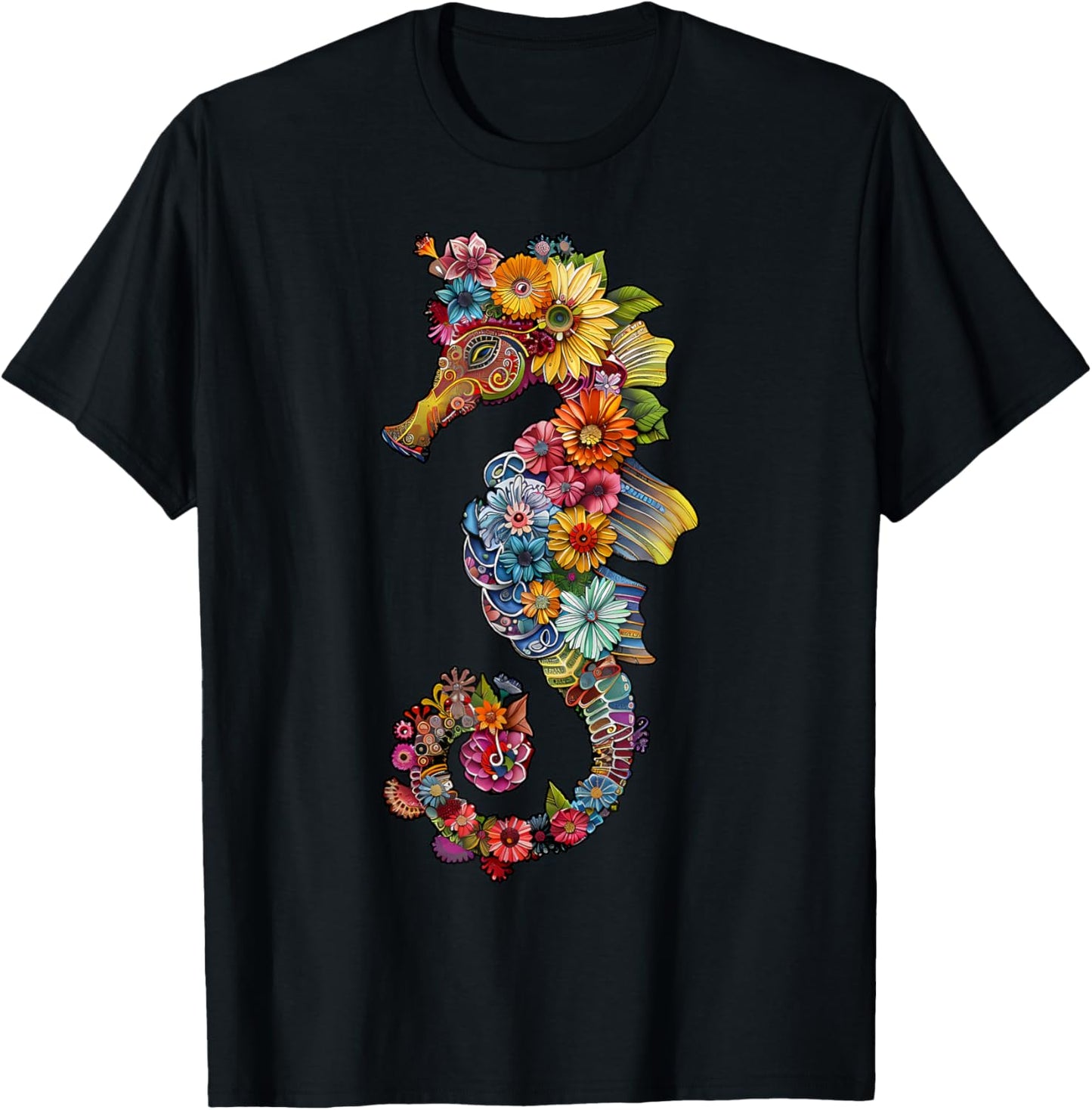 Floral Seahorse Ocean Animal Marine Beach Seahorse Flowers T-Shirt - T-Shirt | Black