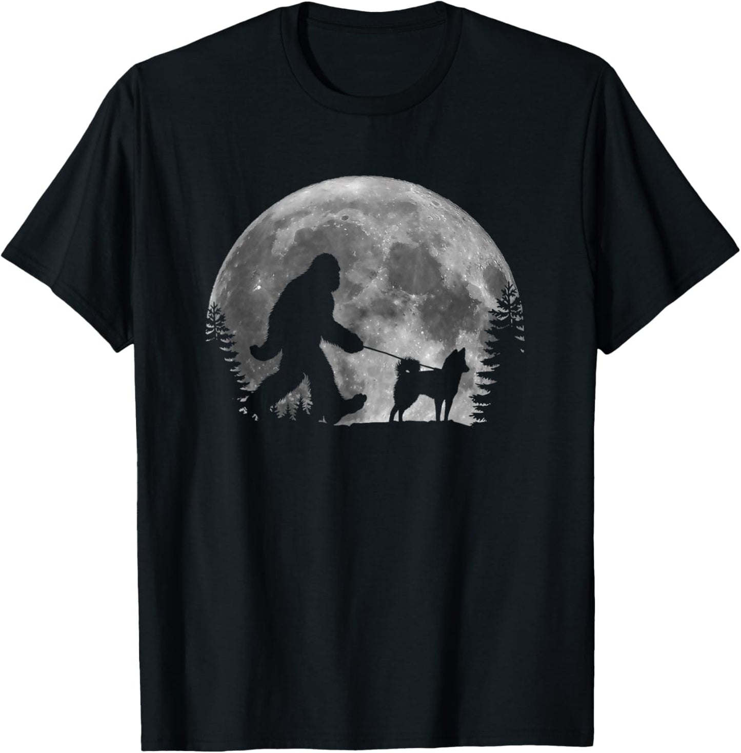 Bigfoot Walking a Dog Funny Alaskan Klee Kai Moon Halloween T-Shirt - T-Shirt | Black