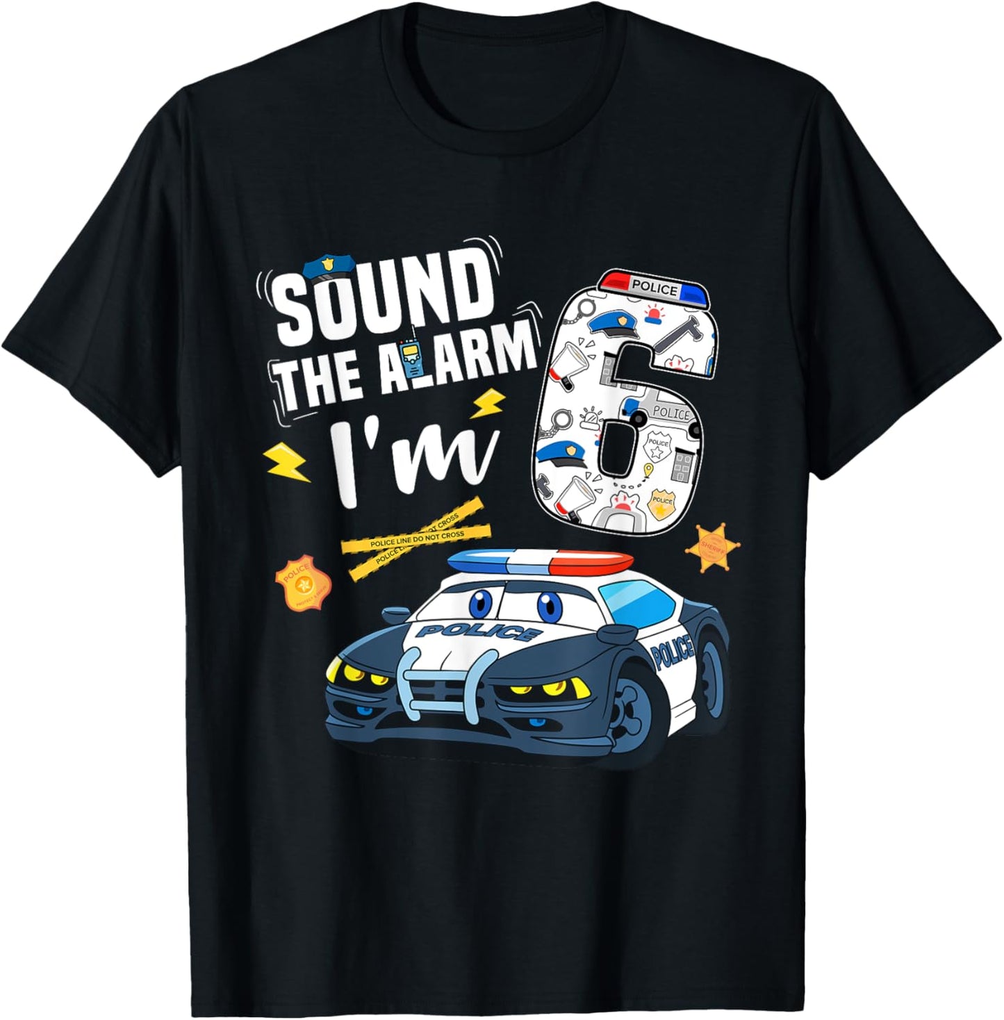 6th B-Day Police Car Police Boy Officer Birthday 6 Year Old T-Shirt - T-Shirt | Black