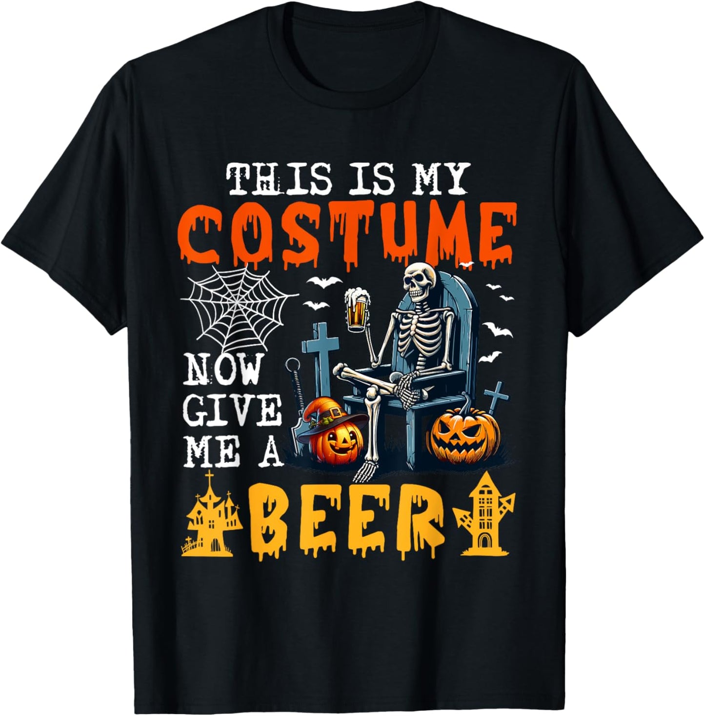 My Costume Now Give Me A Beer Halloween Skeleton Drinking T-Shirt - T-Shirt | Black