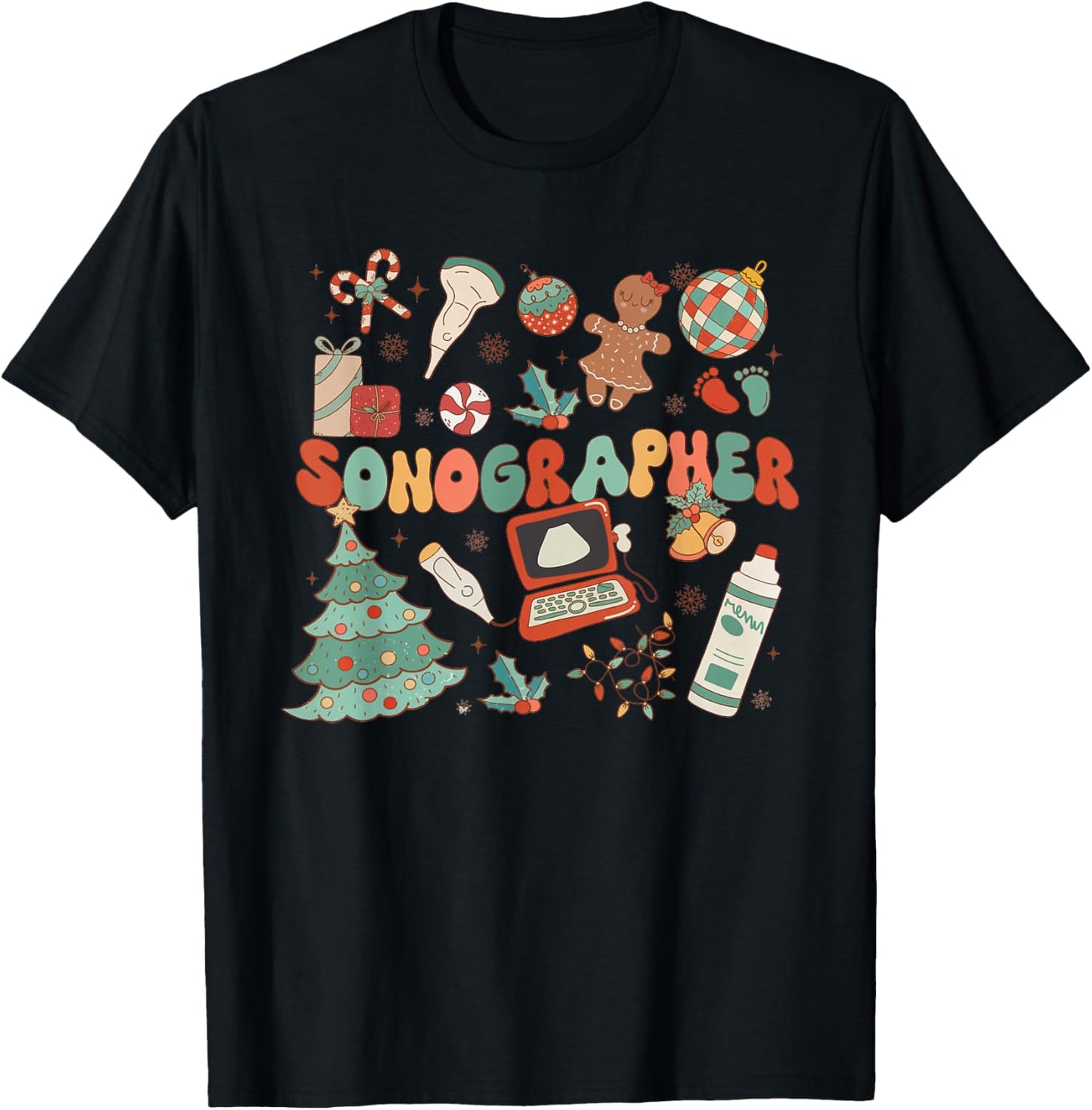 Groovy Retro Sonographer Christmas Ultrasound Tech Cardiac T-Shirt - T-Shirt | Black