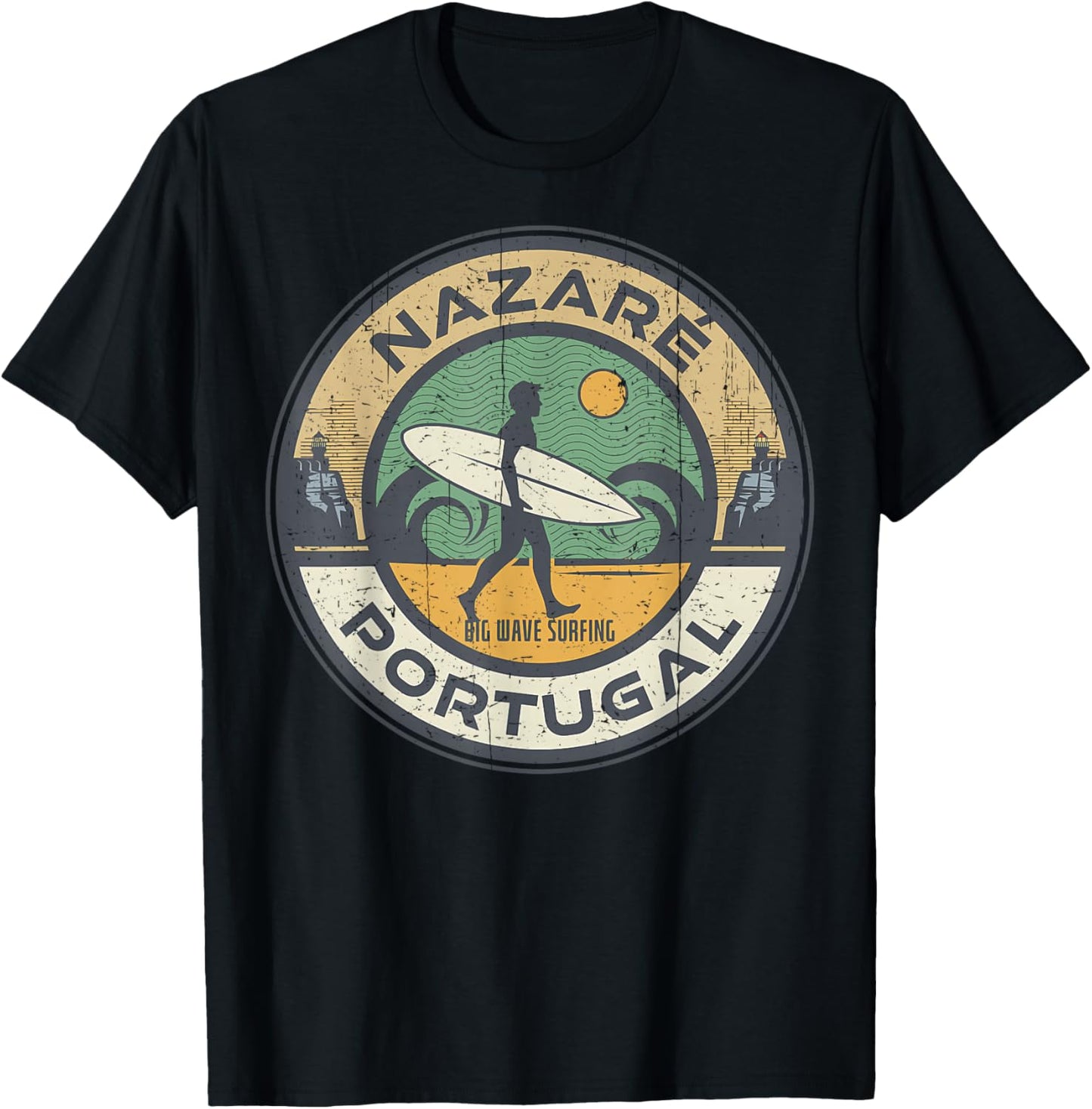 Vintage Nazare Portugal Beach Vintage Retro Surfing T-Shirt - T-Shirt | Black