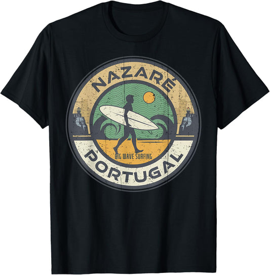 Vintage Nazare Portugal Beach Vintage Retro Surfing T-Shirt - T-Shirt | Black