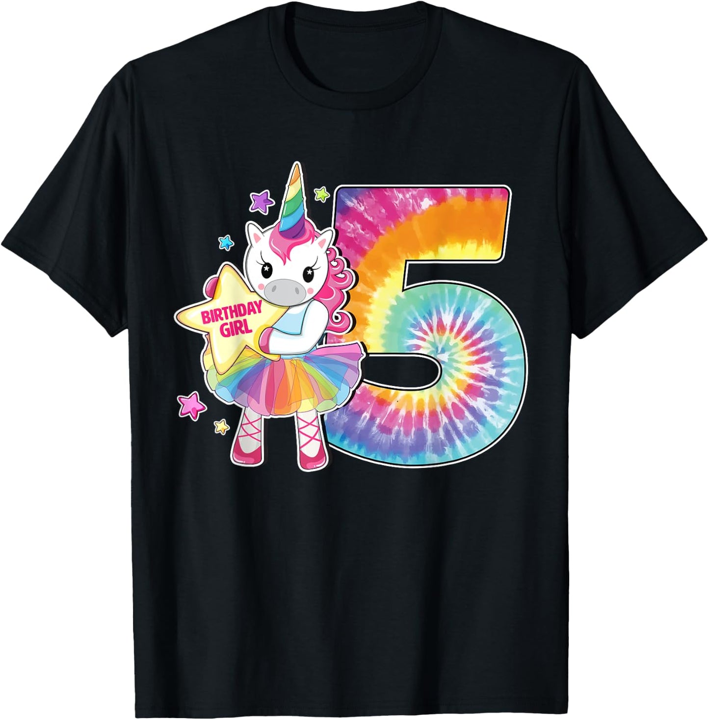 5th Birthday Unicorn Shirt Gift Girls Age 5 Tie Dye T-Shirt - T-Shirt | Black