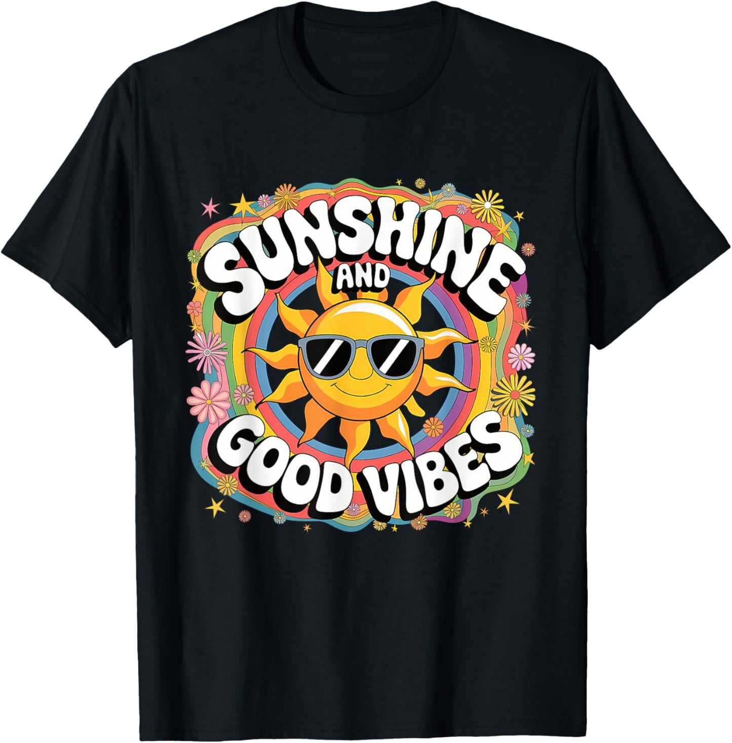 Retro Sunshine Summer 70s Aesthetic Sunflower Rainbow Boho T-Shirt - T-Shirt | Black