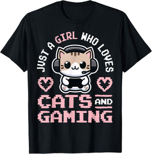 Girl Gaming and Cats Female Gamer T-Shirt - T-Shirt | Black