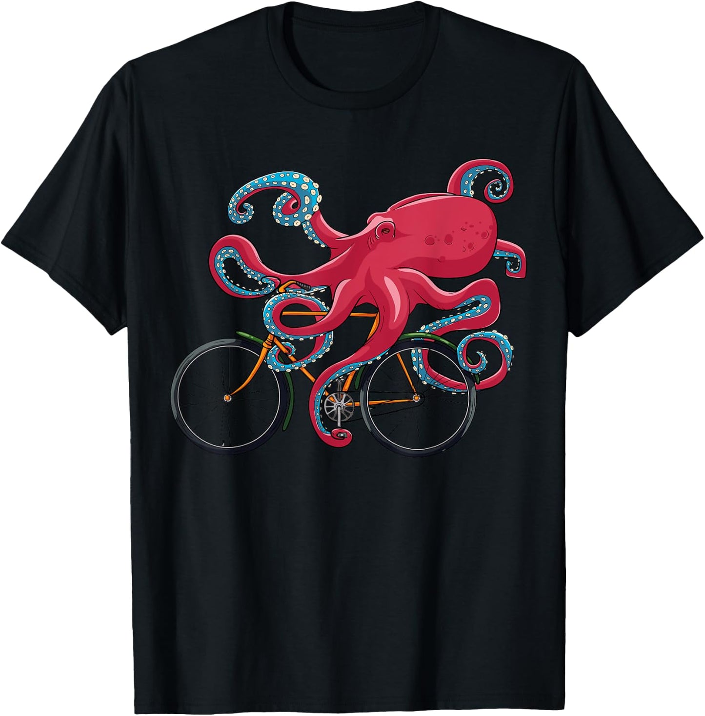Octopus On Bicycle Cycling Eight Long Arms Graphic Print T-Shirt - T-Shirt | Black