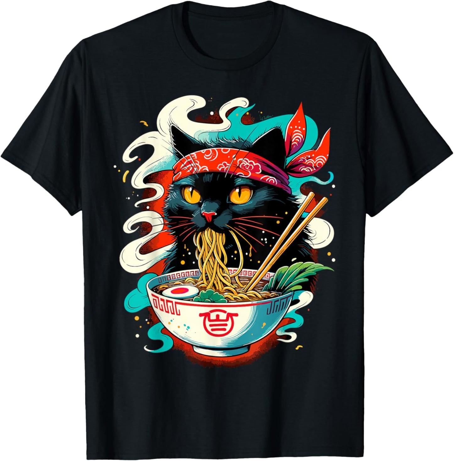 Cat Ramen Noodle Japanese Anime Kawaii Cat T-Shirt - T-Shirt | Black