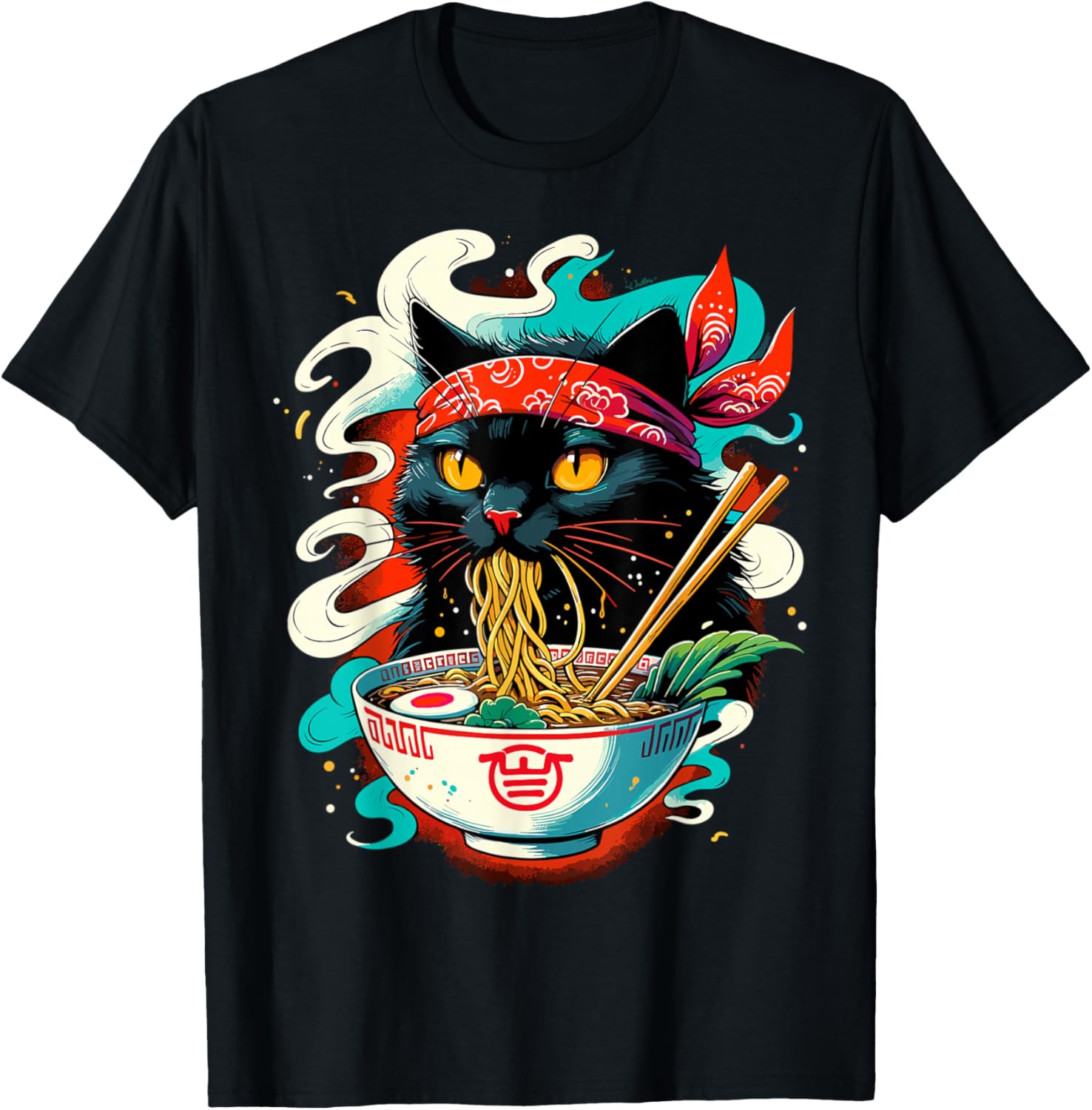 Cat Ramen Noodle Japanese Anime Kawaii Cat T-Shirt - T-Shirt | Black
