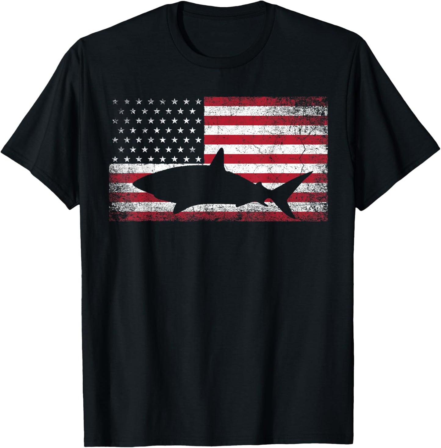 Vintage Shark Lover Fishing Diving July 4th American Flag T-Shirt - T-Shirt | Black