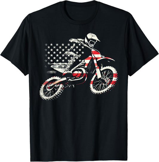 Dirt Bike Retro American Flag Motocross Enduro T-Shirt - T-Shirt | Black