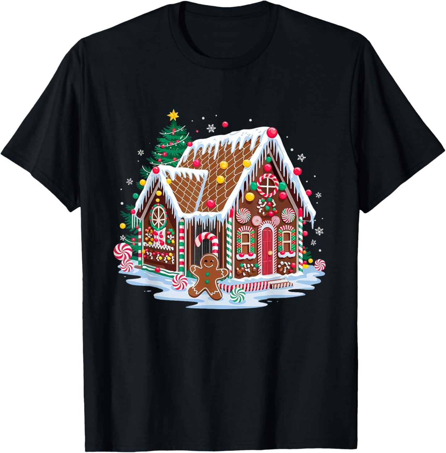 Christmas Gingerbread House Candy Cane X-Mas Pajamas Party T-Shirt - T-Shirt | Black